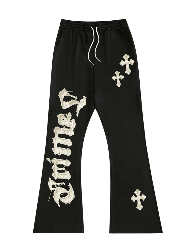 GORGLITTER Mens Graphic Stacked Sweatpants Y2K Drawstring Wide Leg Pants Casual Baggy Pants with Pockets Black Medium