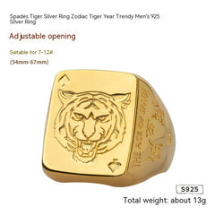Zodiac Tiger Silver Spade Ring